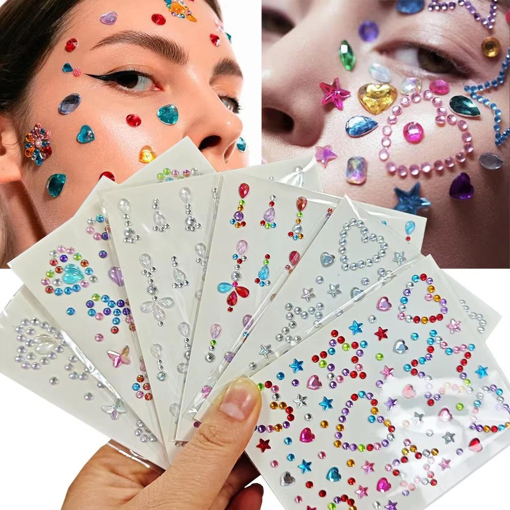 Body Jewelry Tattoo - 1 Sheet Colorful Bow/Star/Heart Face Rhinestone
