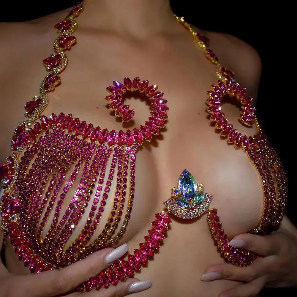 Body Jewelry Retainers - Rave Pink Crystal Chest Bracket Sexy